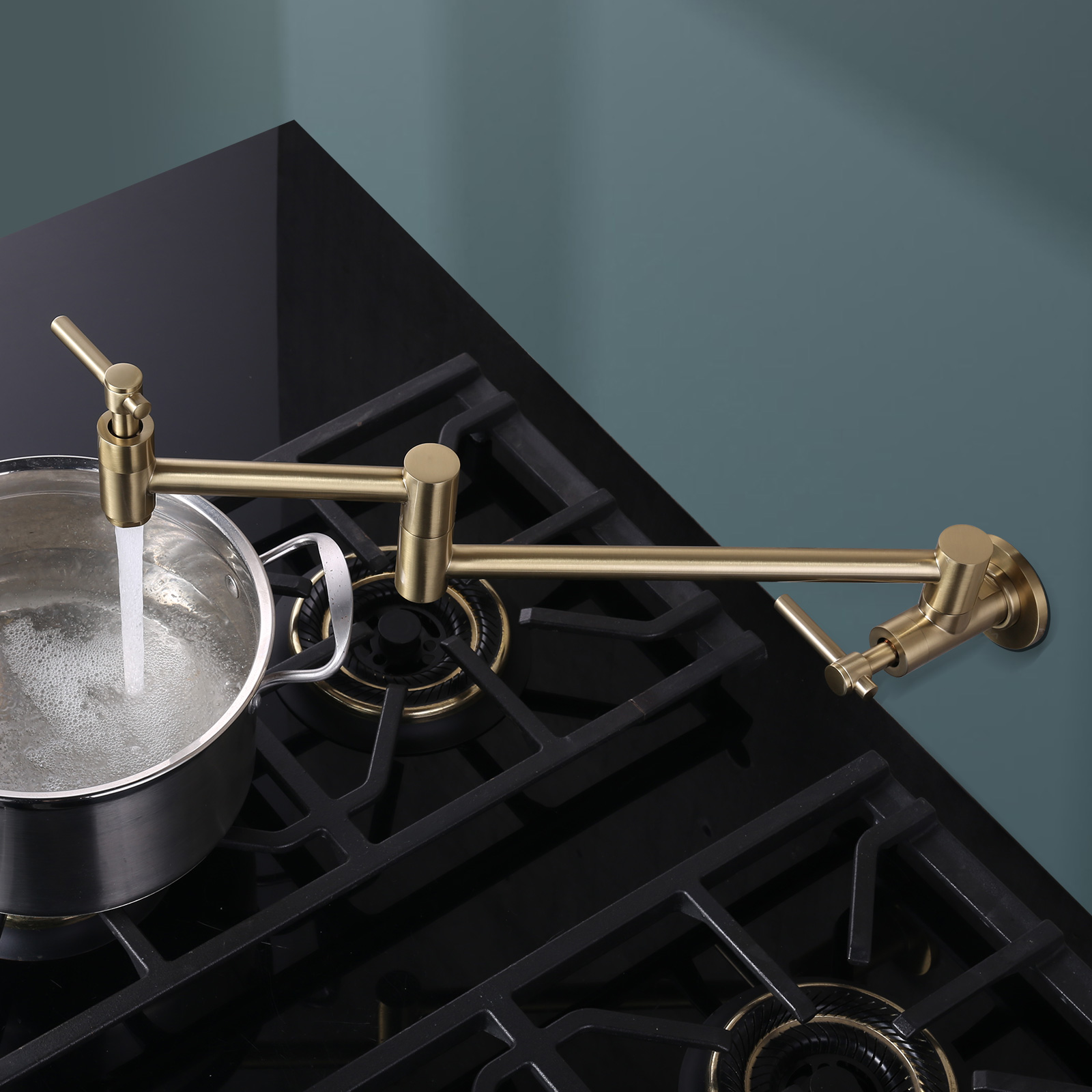 iVIGA Golden Pot Filler Kitchen Faucet with Two Handles, Wall Mount Folding Stretchable Kitchen Sink Faucet