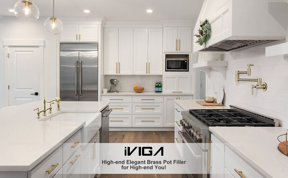 iVIGA Golden Pot Filler Kitchen Faucet with Two Handles, Wall Mount Folding Stretchable Kitchen Sink Faucet - Kitchen Faucets - 2