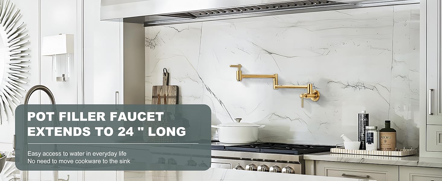 iVIGA Golden Pot Filler Kitchen Faucet with Two Handles, Wall Mount Folding Stretchable Kitchen Sink Faucet - Kitchen Faucets - 3