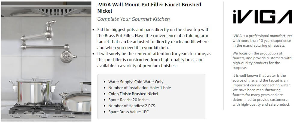 iviga brushed nickel wall mount pot filler folding kitchen faucet over stove