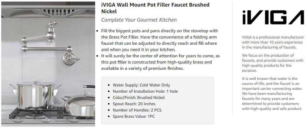 iVIGA Brushed Nickel Wall Mount Pot Filler Folding Kitchen Faucet Over Stove - Kitchen Faucets - 2