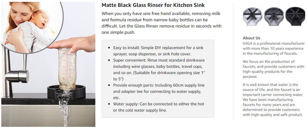 iviga matte black glass rinser for kitchens sink 10