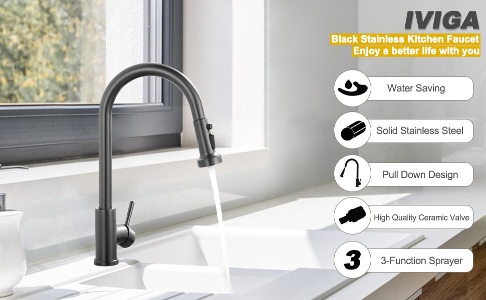 iVIGA Black Stainless Kitchen Faucet with Pull Down Sprayer for 1 or 3 Hole - Kitchen Faucets - 2