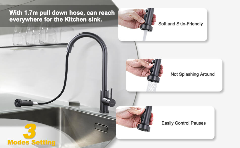 iVIGA Black Stainless Kitchen Faucet with Pull Down Sprayer for 1 or 3 Hole - Kitchen Faucets - 3