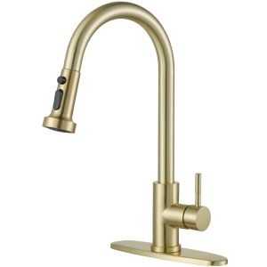 iVIGA Brushed Gold Pull Down Kitchen Faucet with Deck Plate for 1 or 3 Hole