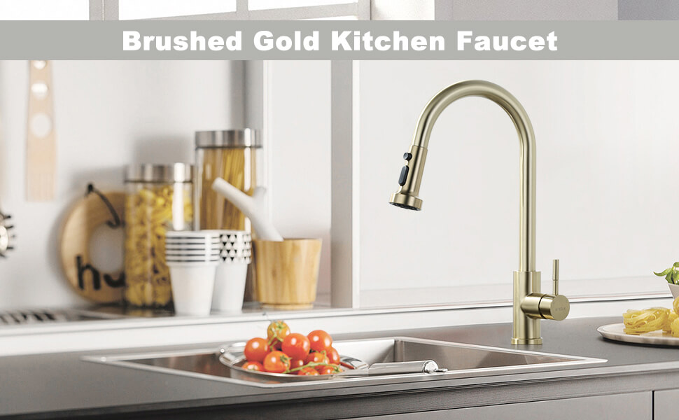 iVIGA Brushed Gold Pull Down Kitchen Faucet with Deck Plate for 1 or 3 Hole - Kitchen Faucets - 2