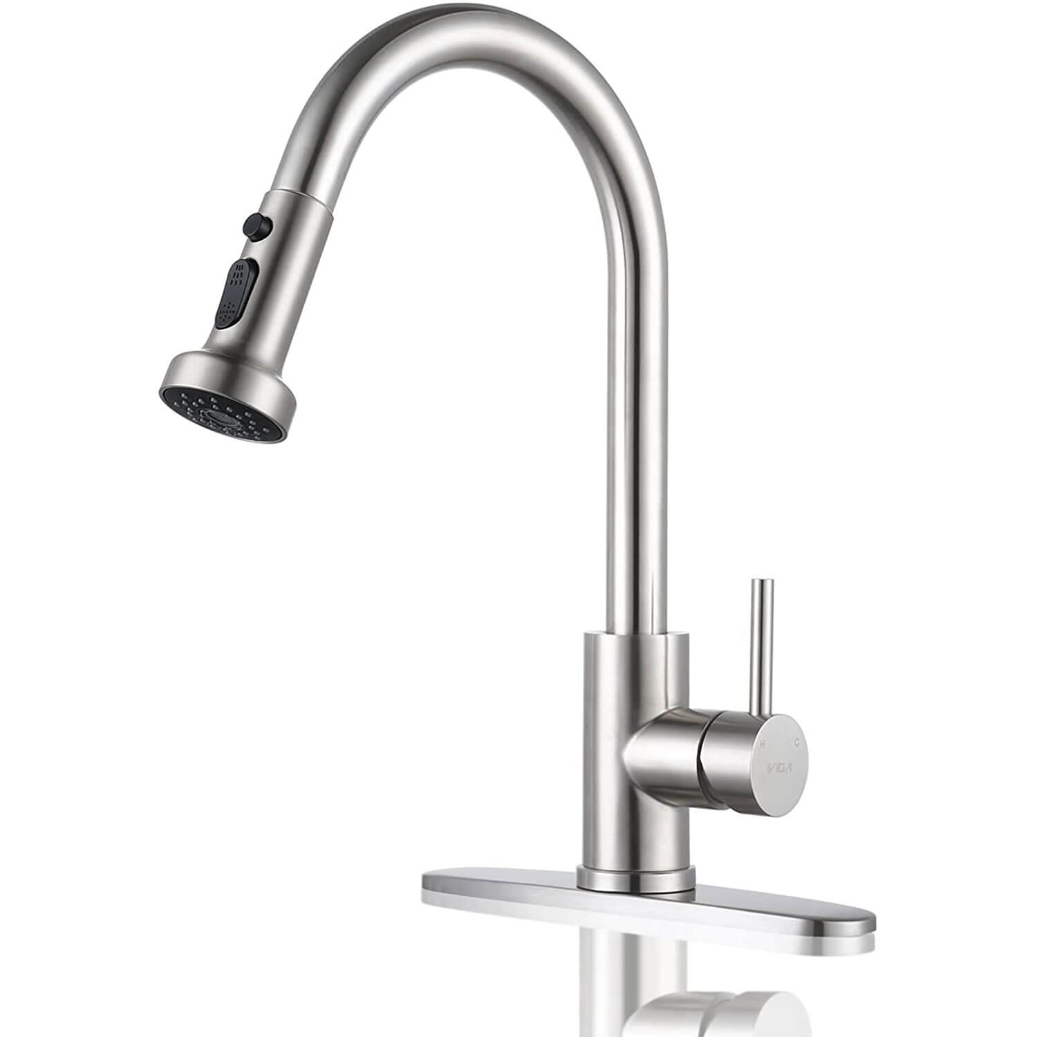iVIGA Brushed Nickel Single Handle Pull Down Kitchen Faucet with Deck Plate