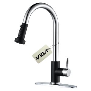 iVIGA Single Handle High Arc Black Chrome Pull Down Kitchen Faucet with Deck Plate