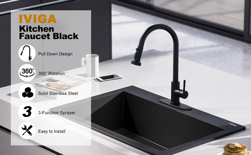 iVIGA Single Handle Matte Black Pull Down Kitchen Faucet with Deck Plate (1 or 3 Hole) - Kitchen Faucets - 2