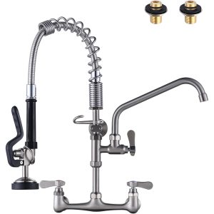iVIGA 21″- 25″ Brushed Nickel Commercial Kitchen Faucet Wall Mount with Pre-Rinse Sprayer and 10″ Swing Spout