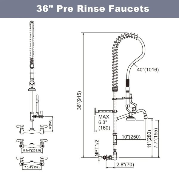 iviga 36 commercial kitchen faucet wall mount with pre rinse sprayer and 10 swing spout