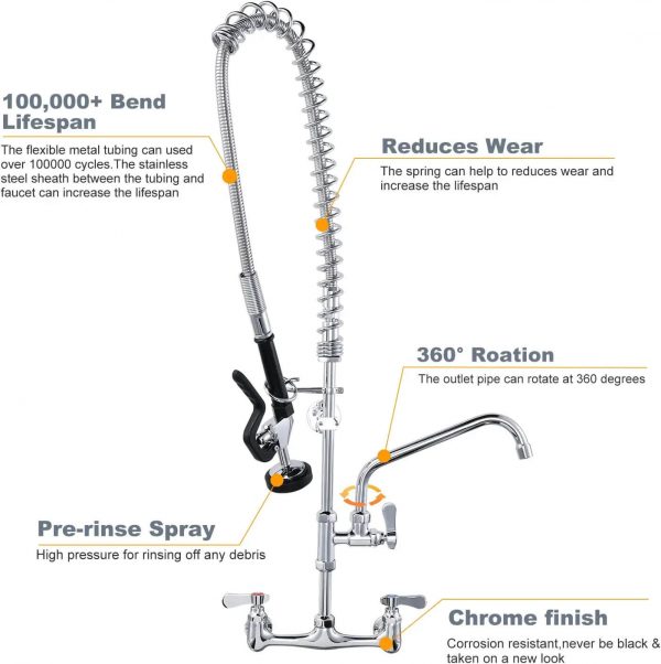 iviga 36 commercial kitchen faucet wall mount with pre rinse sprayer and 10 swing spout