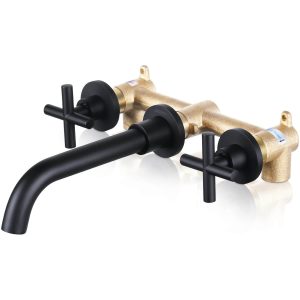 iVIGA 2 Handle Matte Black Wall Mount Waterfall Bathroom Faucet and Rough-in Valve Included