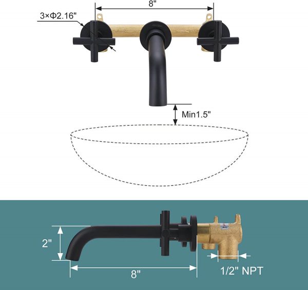 iviga 2 handle matte black wall mount waterfall bathroom faucet 8