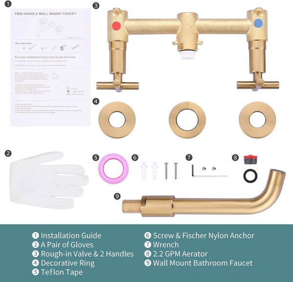 iviga brushed gold 2 handle wall mount waterfall bathroom faucet 1