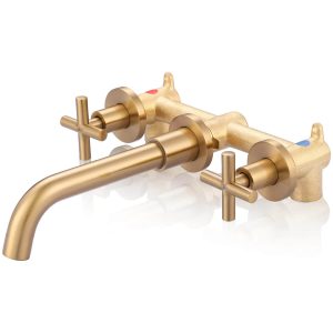 iVIGA Brushed Gold 2 Handle Wall Mount Waterfall Bathroom Faucet and Rough-in Valve Included