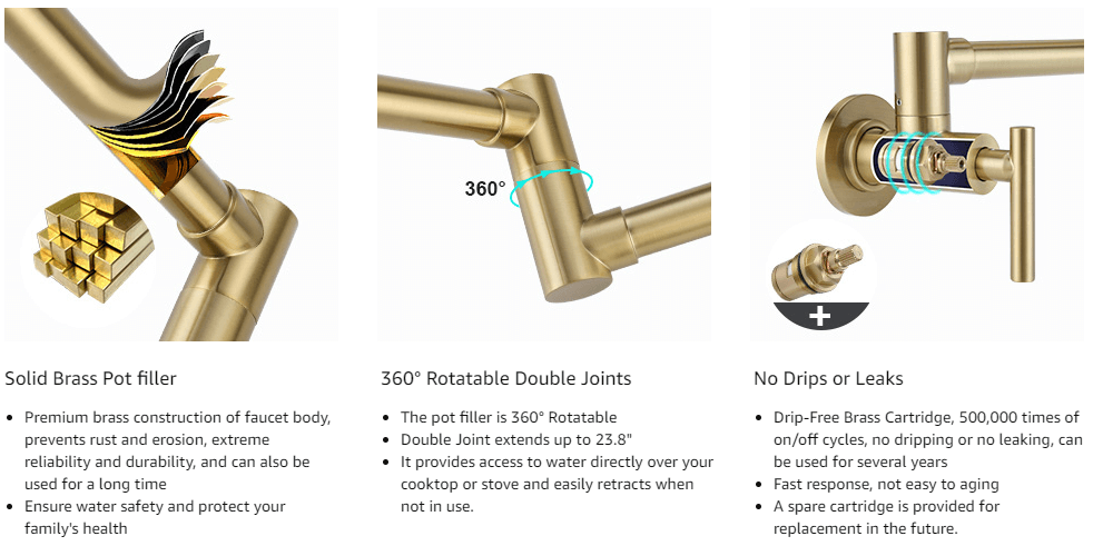 iVIGA Brushed Gold Commercial Wall Mount Pot Filler Faucet Stretchable Double Joint Swing Arm - Kitchen Faucets - 5
