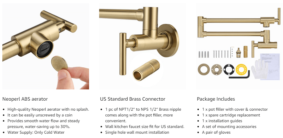 iVIGA Brushed Gold Commercial Wall Mount Pot Filler Faucet Stretchable Double Joint Swing Arm - Kitchen Faucets - 4