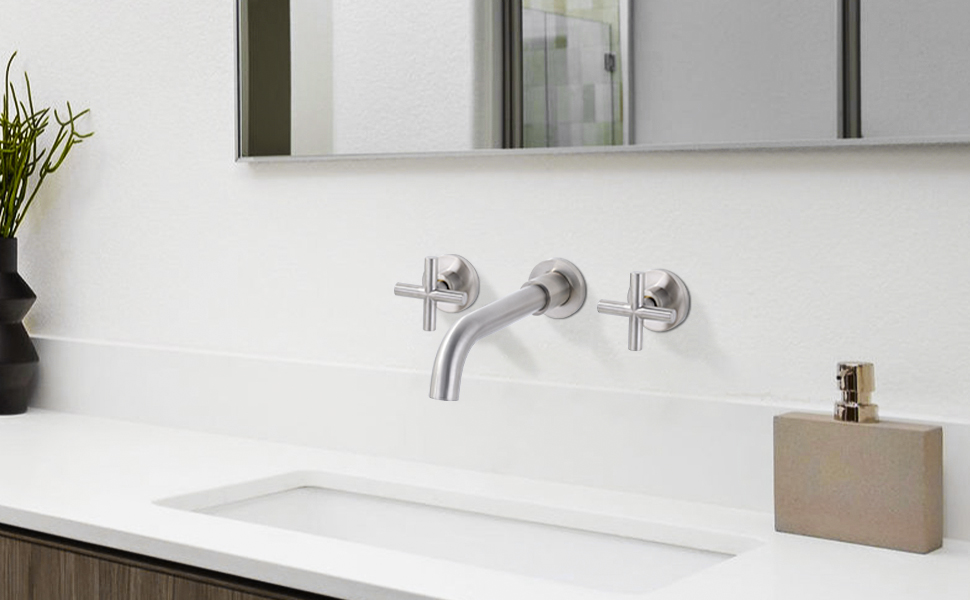 iVIGA Brushed Nickel 2 Handle Wall Mount Waterfall Bathroom Faucet and Rough-in Valve Included - Bathroom Faucets - 2