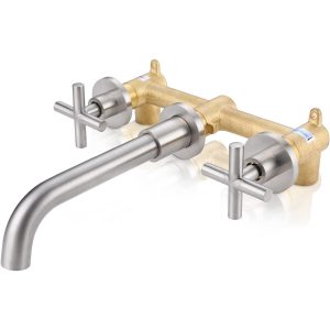 iVIGA Brushed Nickel 2 Handle Wall Mount Waterfall Bathroom Faucet and Rough-in Valve Included