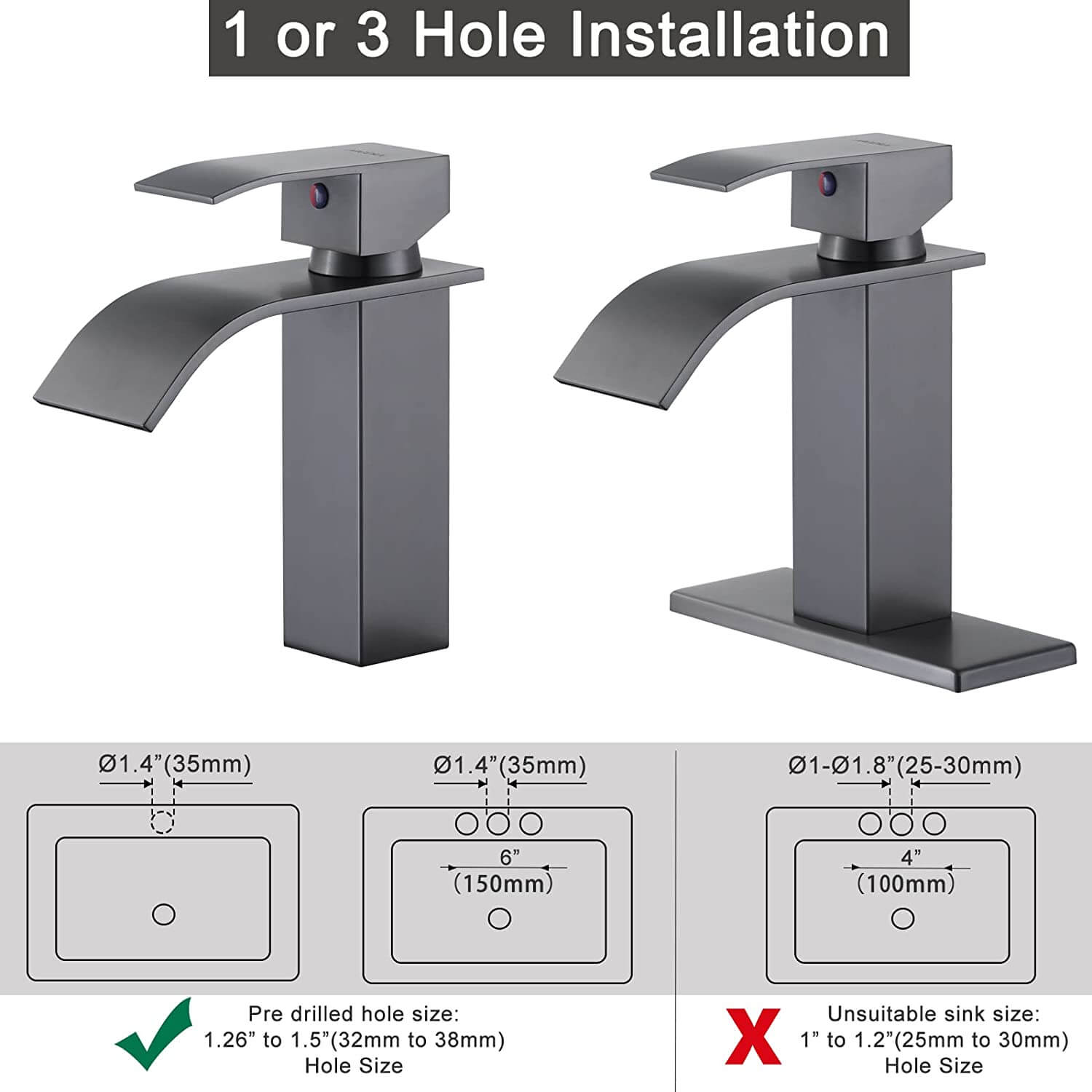 iVIGA Waterfall Bathroom Faucet – Black Stainless Bathroom Faucets for Sink 3 Hole, 1 Hole