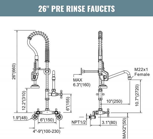 iviga 26 commercial kitchen faucet wall mount with pre rinse sprayer and 10 swing spout 1