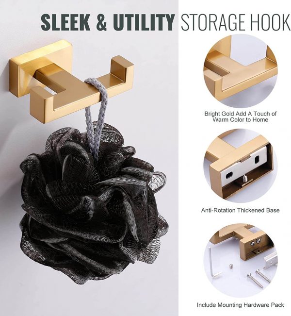 iviga brushed gold wall mount double towel hook 3