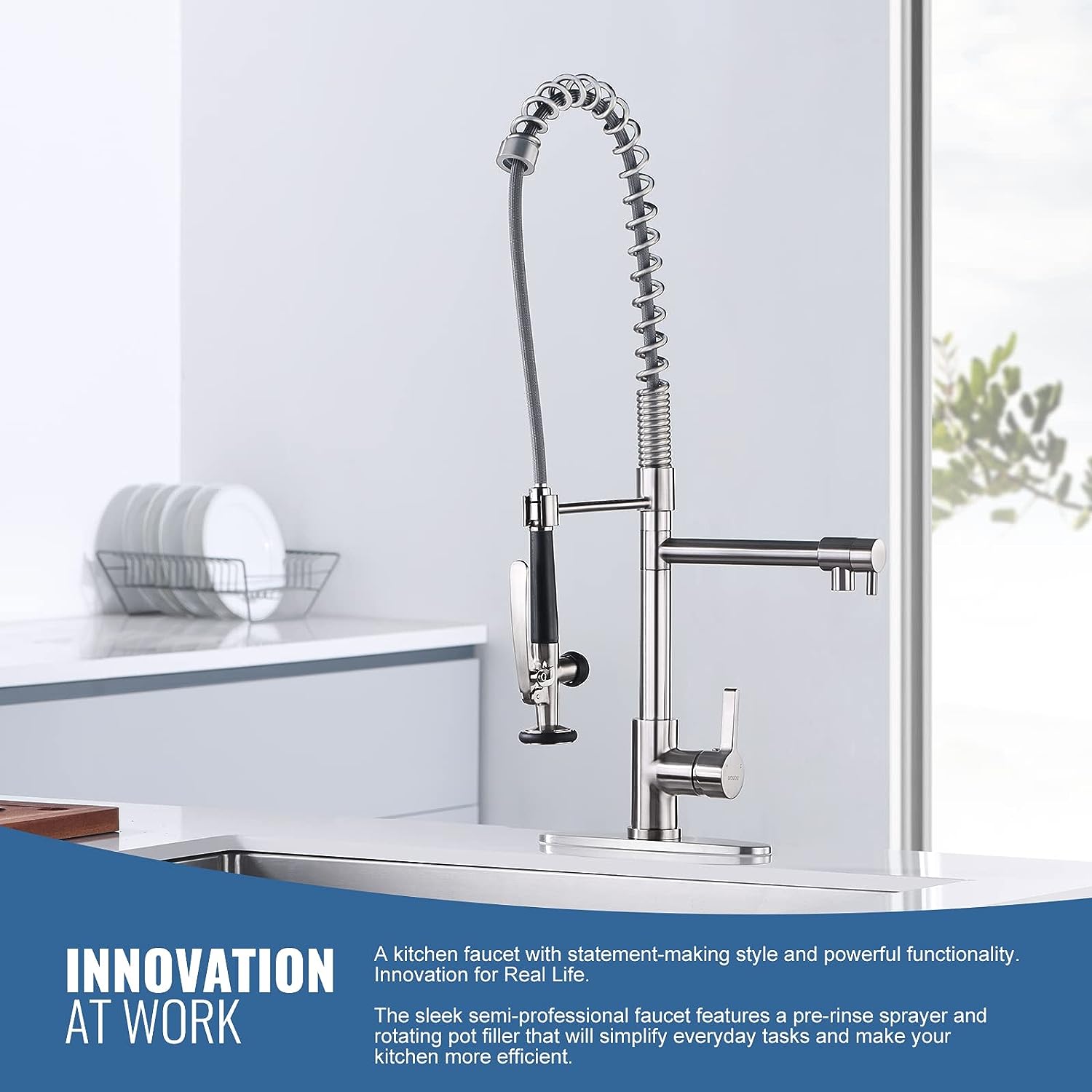 iVIGA 2-Function Pull Down Kitchen Faucet Brushed Nickel High Arc Pre-Rinse Commercial Spring - Kitchen Faucets - 2