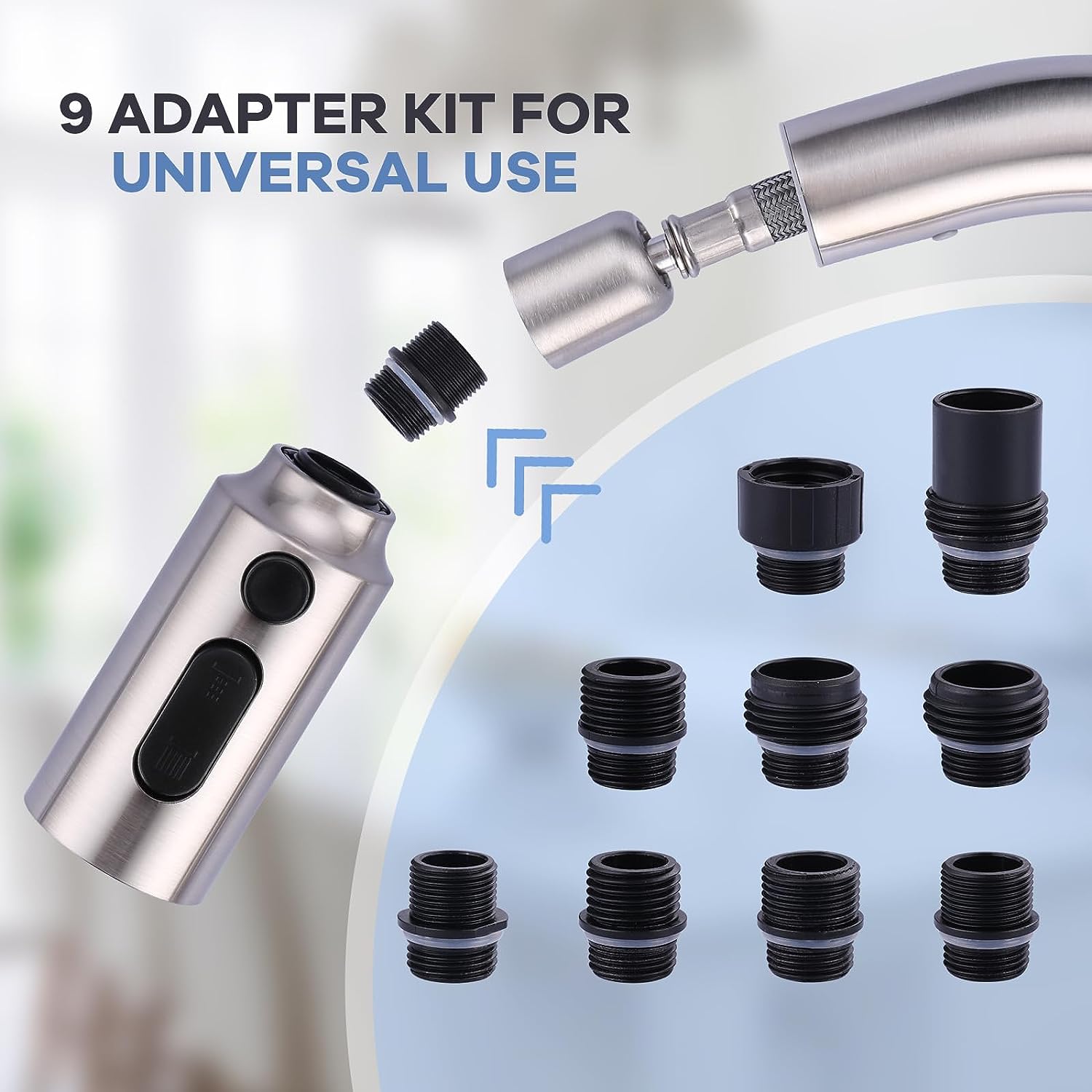 iVIGA Pull Down Faucet Sprayer Head Replacement, Function Pull Out Spray Head Nozzle with 9 Adapters Brushed Nickel