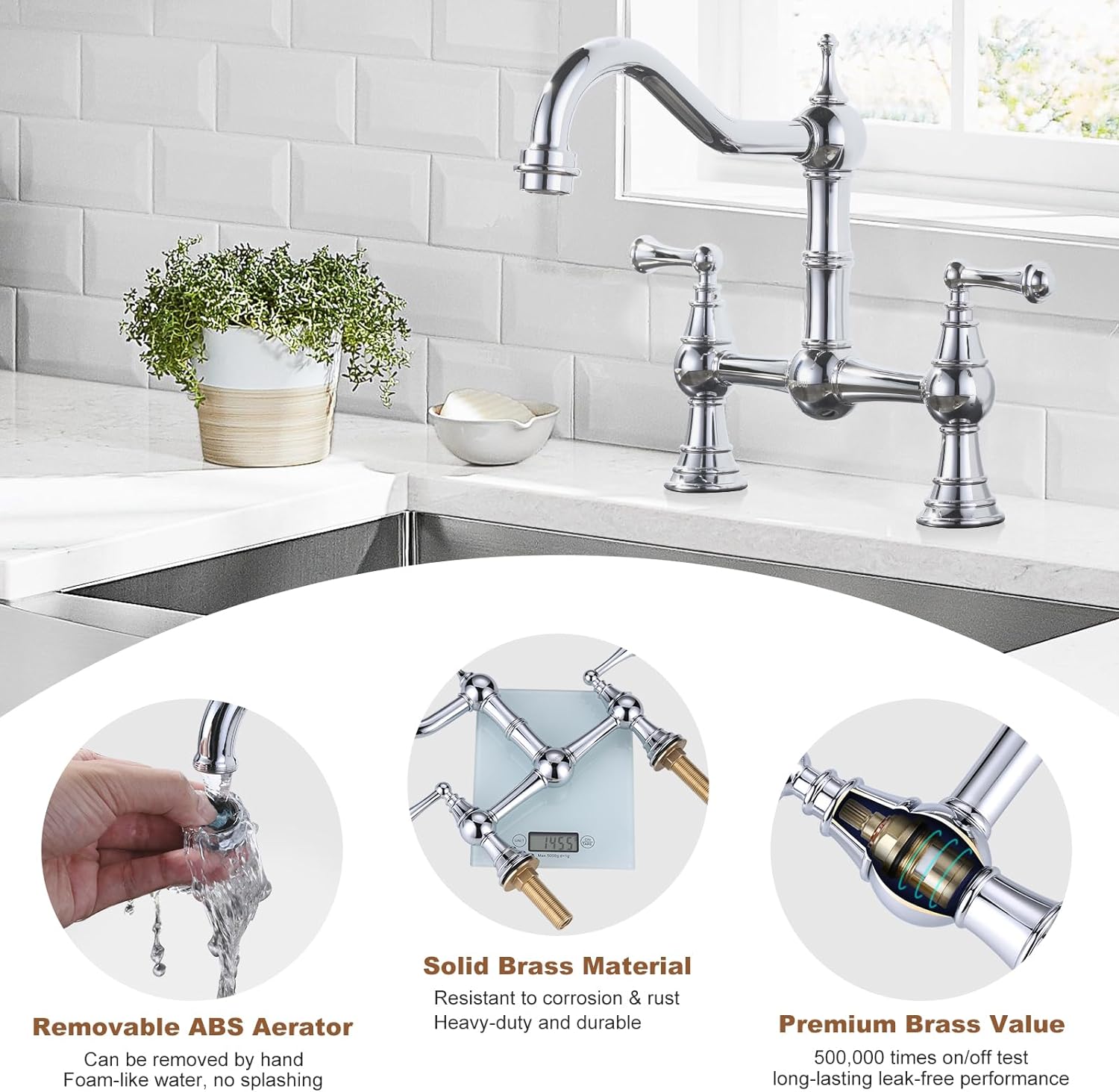 IVIGA Chrome Bridge Antique Brass Kitchen Faucet 2 Hole 2 Handle ...