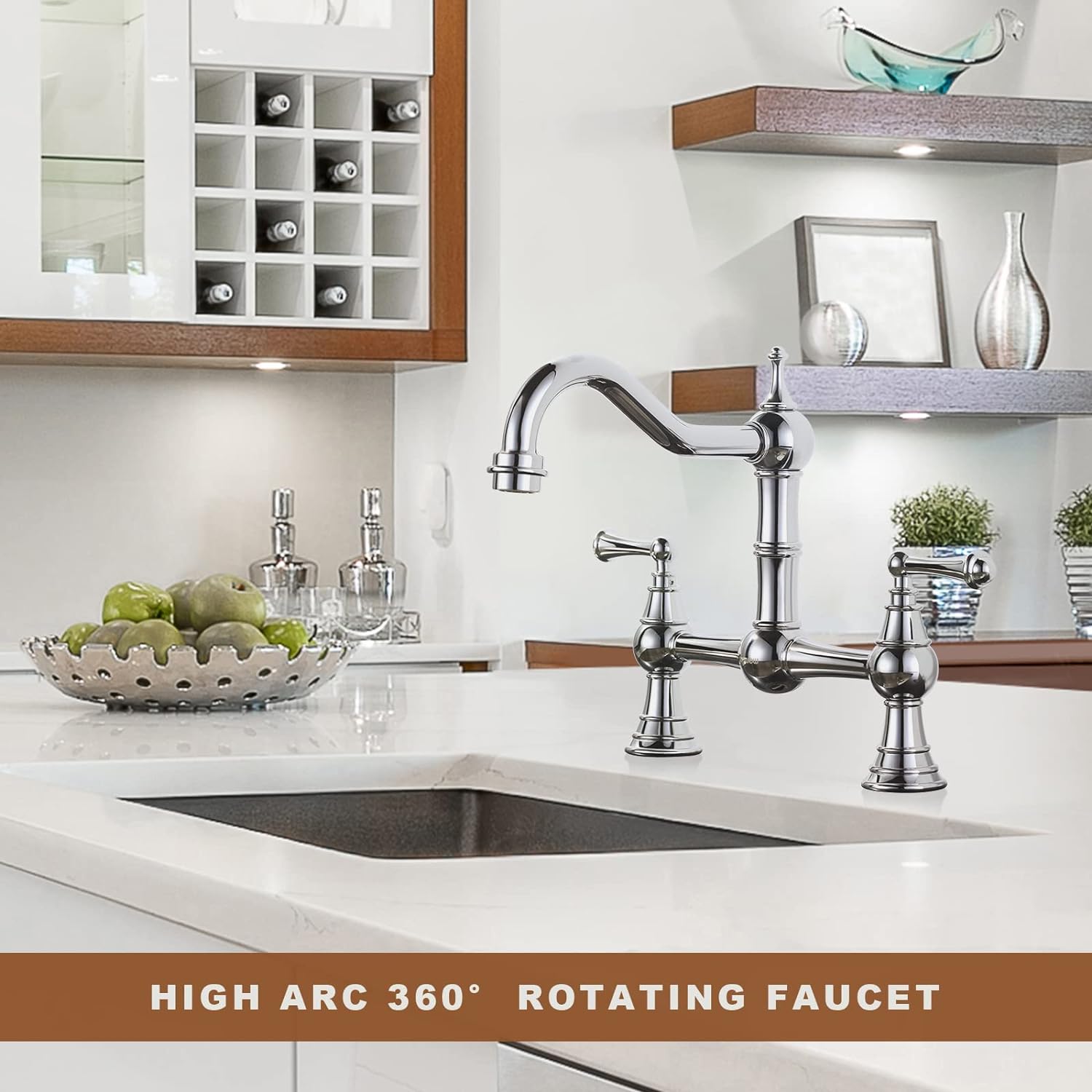 IVIGA Chrome Bridge Antique Brass Kitchen Faucet 2 Hole 2 Handle ...