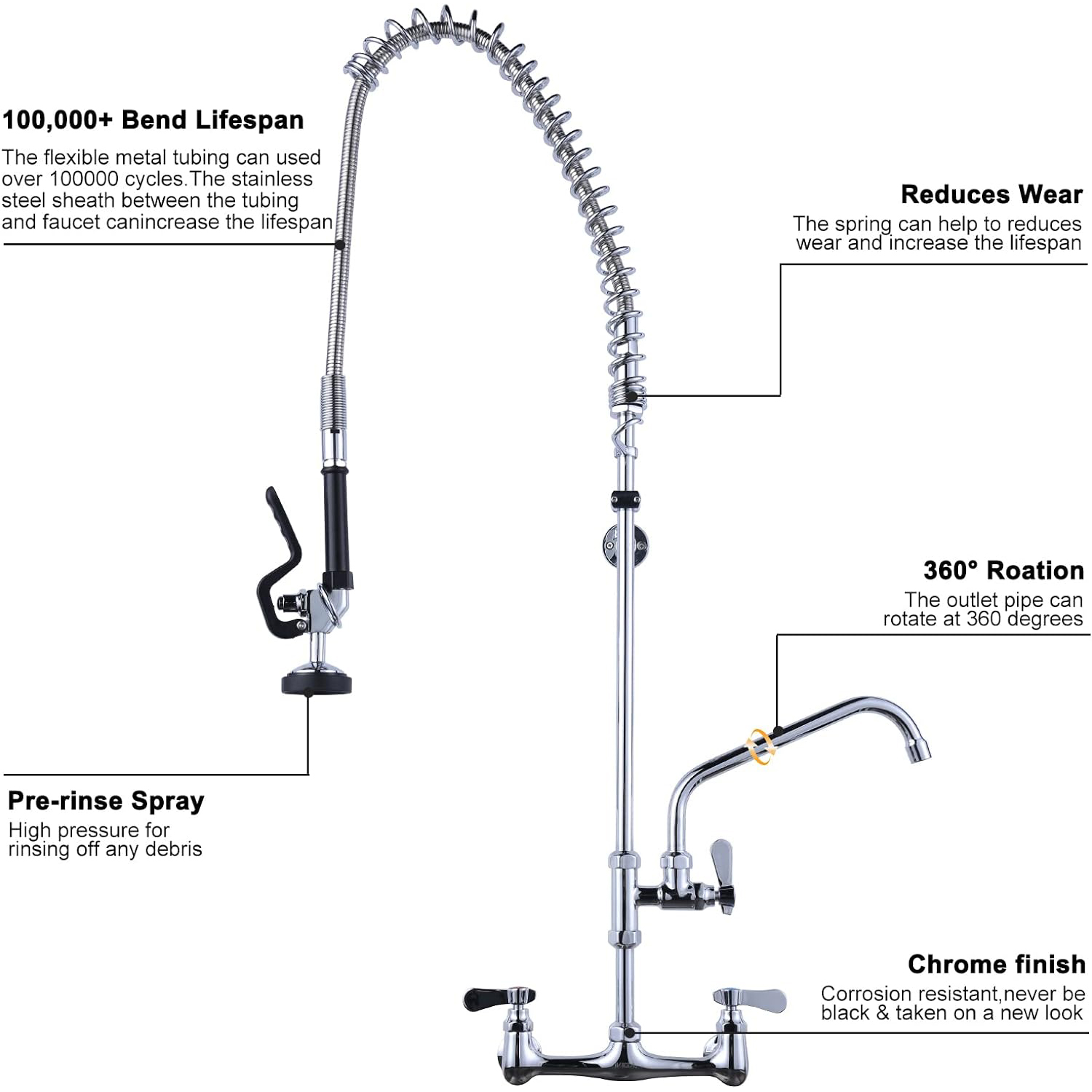 iVIGA 43″ Commercial Kitchen Faucet Wall Mount with Pre-Rinse Sprayer and 10″ Swing Spout