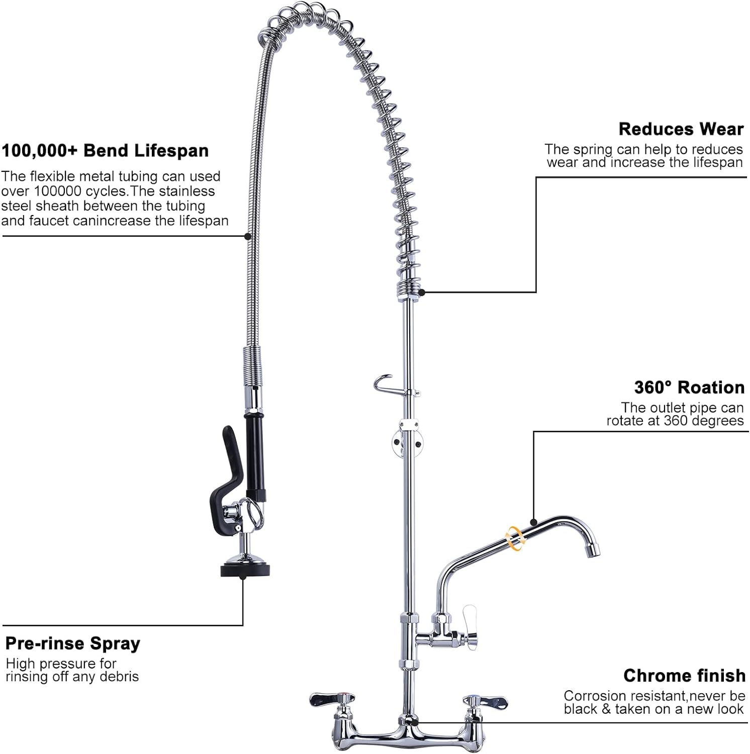 iVIGA 47″ Commercial Kitchen Faucet Wall Mount with Pre-Rinse Sprayer and 10″ Swing Spout