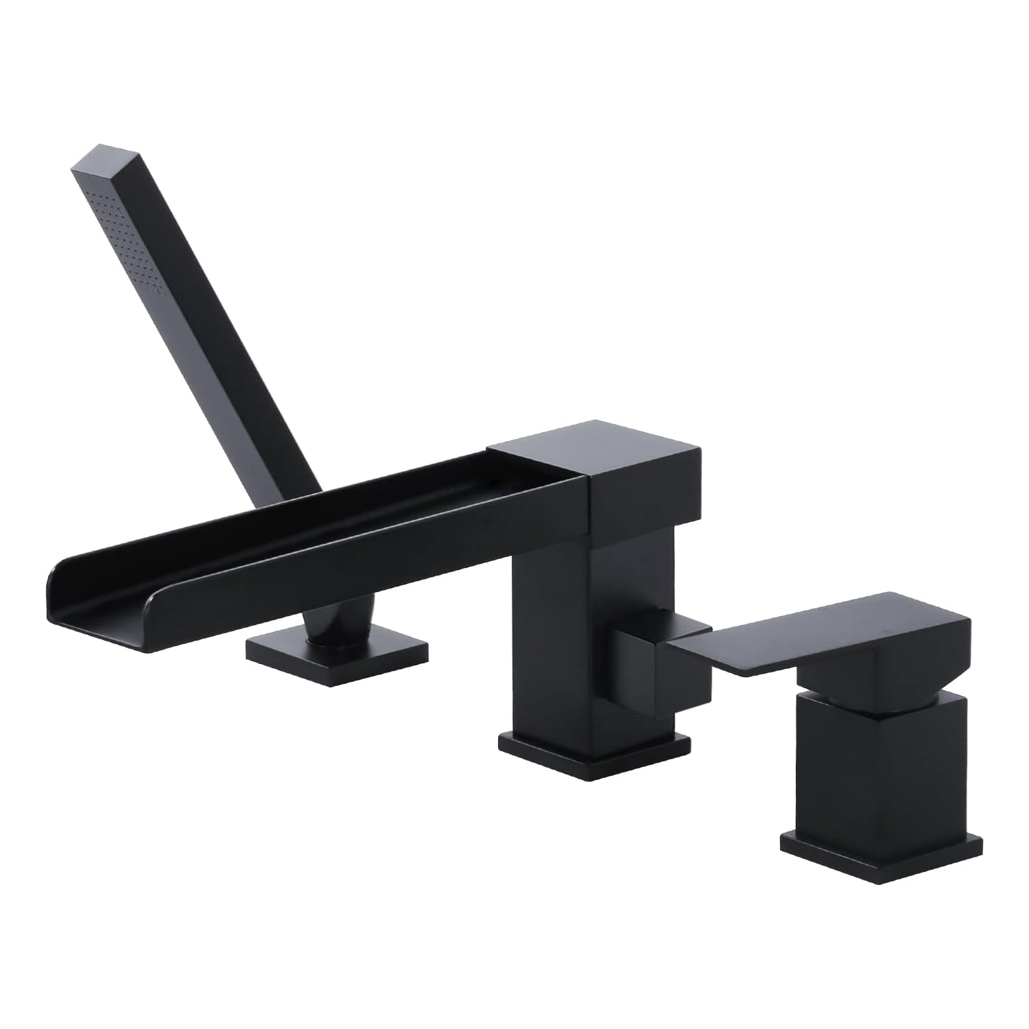 iVIGA Modern Roman Bathtub Faucet with Sprayer Garden Deck Mount Waterfall Bathroom Matte Black