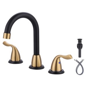 Widespread Bathroom Faucet 8 Inch 3 Hole, 2 Handles Bathroom Sink Faucet with Drain Assembly Black and Gold