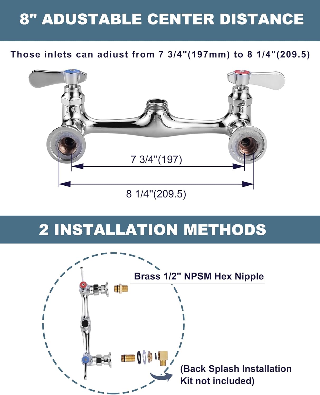 IVIGA Wall Mount Polished Chrome Commercial Sink Faucet With Double