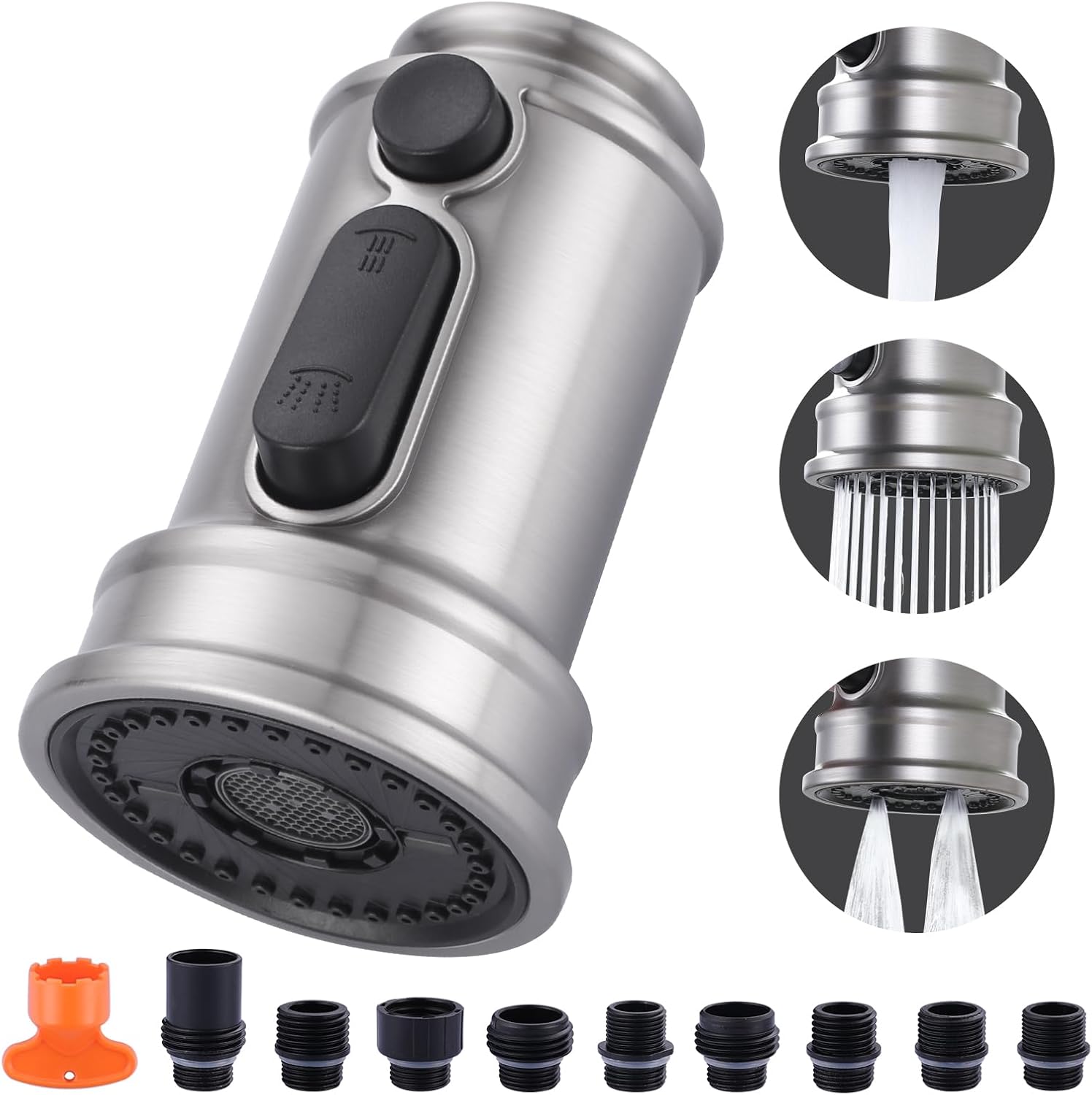 iVIGA 3-Function Brushed Nickel Pull Down Spray Head for Kitchen Faucet with 9 Adapters