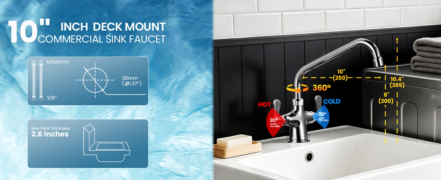 iVIGA Single Hole Dual Handle Commercial Bar Sink Faucet with 10 Inch 360° Swing Spout, Hot and Cold 7 iVIGA Single Hole Dual Handle Commercial Bar Sink Faucet with 10 Inch 360° Swing Spout, Hot and Cold - Kitchen Faucets - 7
