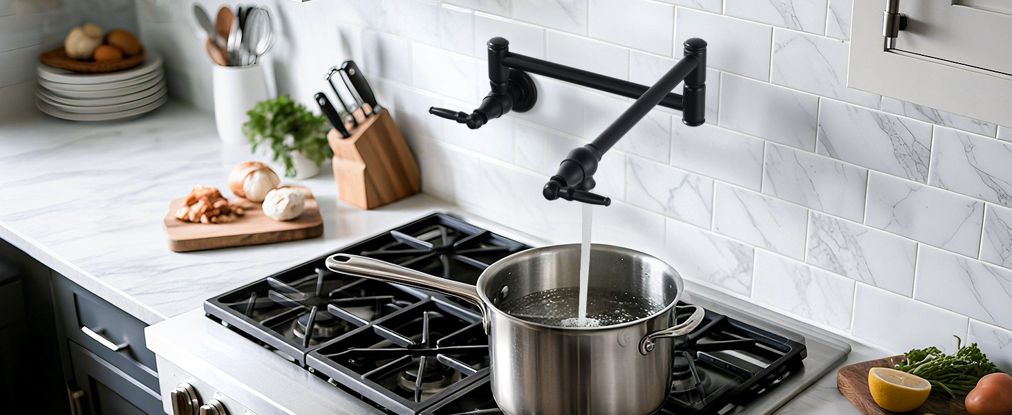 iVIGA Matte Black Vintage Wall Mount Pot Filler Faucet with Double Joint Folding Swing Arm - Kitchen Faucets - 1